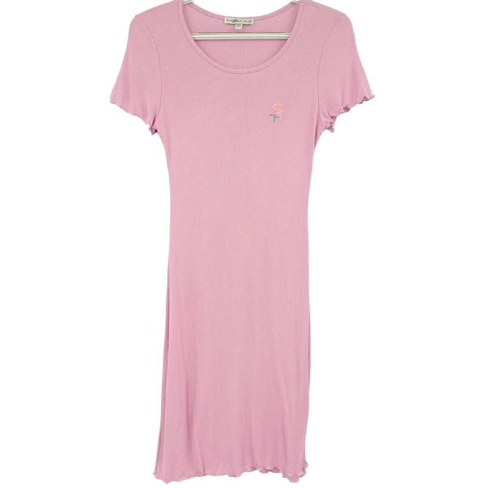 Sincerely Jules Purple Ribbed Rose Bodycon Mini T-Shirt Dress Women's L Summer